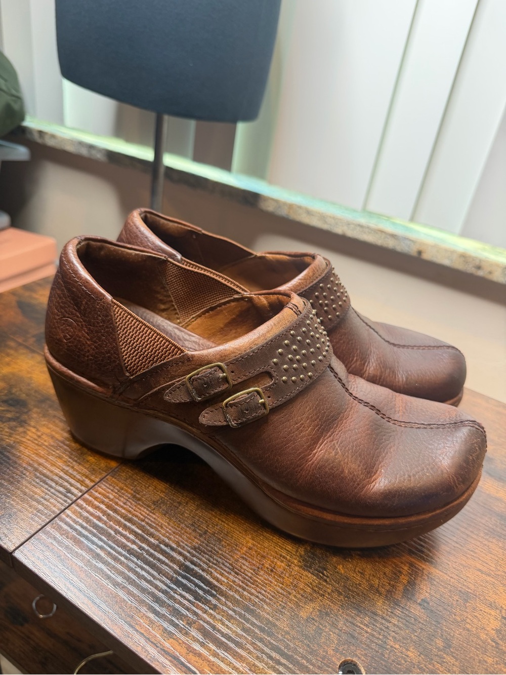 Ariat Women's Brown Leather Clog Heels with Decorative Buckles Size 11.5